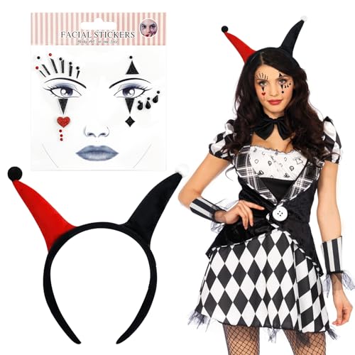 2Pcs Clown Kostüm Accessoire-Clown Stirnband-Clown Gesichtstattoo,Face Tattoo Harlekin,Narren Stirnband,Clown Karneval Kostüm Lustige Requisiten,Karneval Cosplay Zubehör Für Erwachsene Kinder von Henjunu