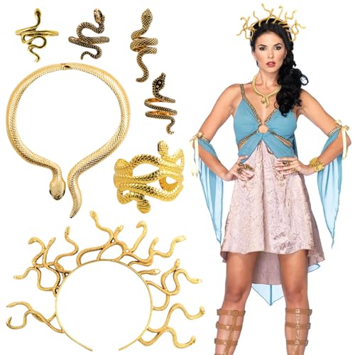 Henjunu 7 Stück Medusa Kostüm Zubehör,Medusa Schlangen Kopfschmuck+Schlange Choker Halskette+Schlangenring+Schlangenarmband,Fasching Halloween Kostüm Damen Medusa,Medusa Schmuck,Schlange Schmuck von Henjunu