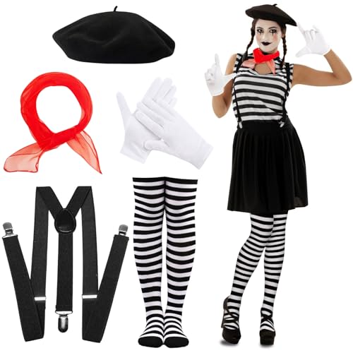 Henjunu Pantomime Kostüm Damen, Schwarz Baskenmütze, Schwarz Weiß Kniestrümpfe, Long Hosenträger, Schwarz-Weiß Gestreiftes Kostüm, Faschingskostüme Damen Pantomime, für Karneval Halloween Mottoparty von Henjunu