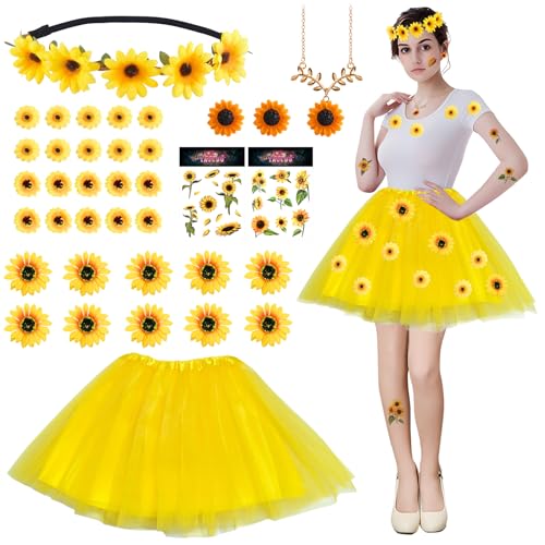 Sonnenblumen Kostüm,tüllrock gelb,Blumen Kostüm Damen,Sonnenblume Haarschmuck Stirnband,mit 10 Haarspangen Gänsenblümchen Haarschmuck,Tüllrock,Sonnenblume Tattoos,für Karneval Fasching Mottoparty von Henjunu