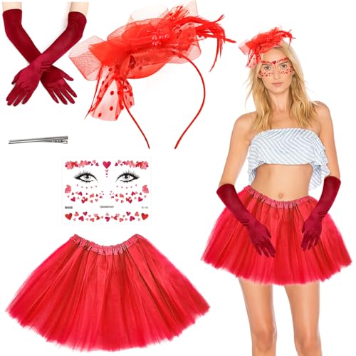 Vintage Rotes Karnevalskostüm Set, Elegantes Tutu Tüllrock mit Blumen Haarschmuck & Handschuhen, Gesicht Tattoos, Perfekt für Fasching, Mottoparty & Cosplay von Henjunu