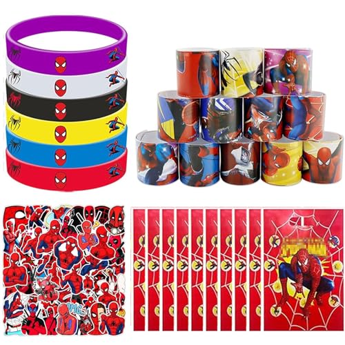 Henkodo Spidey Kindergeburtstag Party Mitgebsel,12 Slap Armbänder 10 Geschenktüten 50 Superhelden Theme Aufkleber12 Spinne Silikon Armband Geburtstags Party Zubehör für Mädchen Jungen Party Geschenke von Henkodo