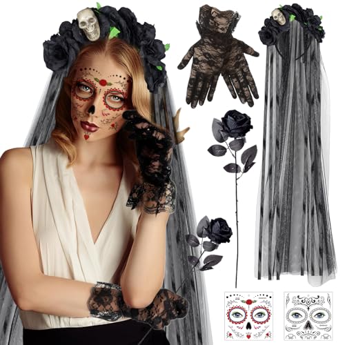 Henkodo Halloween Tag der Toten Haarreif,Dia De Los Muertos Haarreif Tag Der Toten Haarschmuck Tattoo Gesicht Spitzenhandschuhe Schwarz Künstliche Blumen Rose Halloween Karneval Gothic-Cosplay Henkodo Halloween Tag der Toten Haarreif,Dia De Los Muertos Haarreif Tag Der Toten Haarschmuck Tattoo Gesicht Spitzenhandschuhe Schwarz Künstliche Blumen Rose Halloween Karneval Gothic-Cosplay von Henkodo
