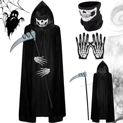 Sensenmann Kostüm 150 cm, 4 Stk Halloween Umhang Set Halloween Gesichtsmaske Handschuhe Halloween Sense,Grim Reaper Kostüm Erwachsene,Halloween Kostüm Set für Hallowee Karneval Cosplay Party Maskerade Sensenmann Kostüm 150 cm, 4 Stk Halloween Umhang Set Halloween Gesichtsmaske Handschuhe Halloween Sense,Grim Reaper Kostüm Erwachsene,Halloween Kostüm Set für Hallowee Karneval Cosplay Party Maskerade von Henkodo