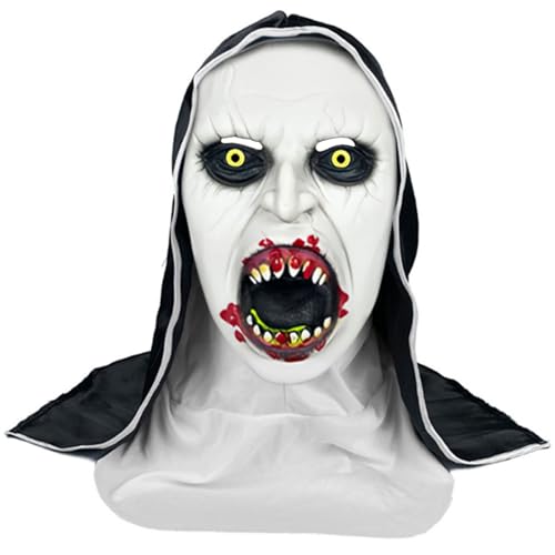 Halloween Horror Masken - The Nun Maske, Skelett Masken, Nonnen Vollkopfmaske 3-teiliges Nonne Kostüm Mit Kreuz für Karneval Cosplay Kostümpartys von Henkodo