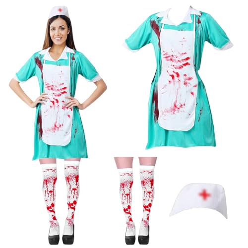 Henkodo Zombie Krankenschwester Kostüm Halloween,Halloween Kostüm Damen,Horror Krankenschwester Kostüm-Outfits mit Schürze Strümpfe Haube Frauen für Halloween Karneval Cosplay Kostüm Party Henkodo Zombie Krankenschwester Kostüm Halloween,Halloween Kostüm Damen,Horror Krankenschwester Kostüm-Outfits mit Schürze Strümpfe Haube Frauen für Halloween Karneval Cosplay Kostüm Party von Henkodo