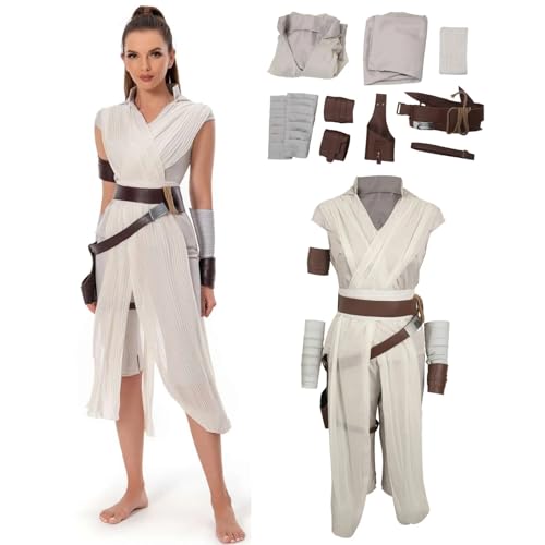 Heodols Damen Rey Kostüm Jedi Rey Erwachsene Outfits Rey Skywalker Cosplay Anzüge Halloween Kostüme Kleid (Größe L, Weiß A) von Heodols