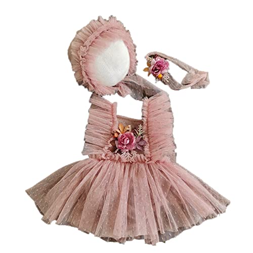 Baby Mädchen Fotografie Kostüm Requisiten Strampler Spitze Tütü Kleid Bodysuit Fotoshooting Outfits Mädchen Spitze Prinzessinnen-Kostüm mit Hut Fotografische Requisiten Outfits,Rose Blume,0-1 Monate von Herbests