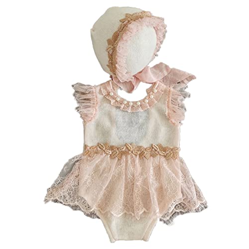 Baby Mädchen Fotografie Kostüm Requisiten Strampler Spitze Tütü Kleid Bodysuit Fotoshooting Outfits Mädchen Spitze Prinzessinnen-Kostüm mit Hut Fotografische Requisiten Outfits,Weiß Rosa,0-1 Monate von Herbests