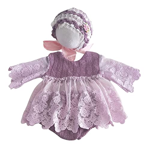 Neugeborenes Baby Mädchen Tutu Kleidung Fotografie Kostüm Requisiten Prinzessin Kostüm Mädchen Spitze Strampler Kleid Baby Fotoshooting Outfits Foto Prop Outfits mit Stirnband,Ärmel Lila,0-1 Monate von Herbests