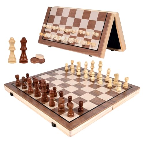 Herbst 38cm Schachspiel Holzschachspiel für Erwachsene Chess Board Set 3 in 1 Magnetisches Backgammon aus Holz mit Aufbewahrungsbrett Klappbare Schachkassette für Kinder Anfänger von Herbst