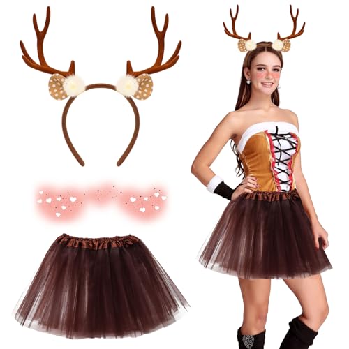 Herbst 3er Reh Kostüm Damen, Karneval Kostüm Damen mit Reh Geweih Haarreif Temporäre Tattoo Brauner Tüllrock Rentier Kostüm Erwachsene Fasching Kostüm Damen Reh für Weihnachten Karneval Cosplay Herbst 3er Reh Kostüm Damen, Karneval Kostüm Damen mit Reh Geweih Haarreif Temporäre Tattoo Brauner Tüllrock Rentier Kostüm Erwachsene Fasching Kostüm Damen Reh für Weihnachten Karneval Cosplay von Herbst