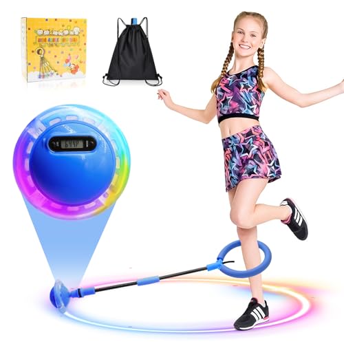 Herbst Kinder Blinkender Springring mit Zähler Timer Kalorienzähler Faltbarer Jumping Ball Fußkreisel Swing Wheel mit Lichtrad Fitness Spielzeug für Mädchen (Blau) von Herbst