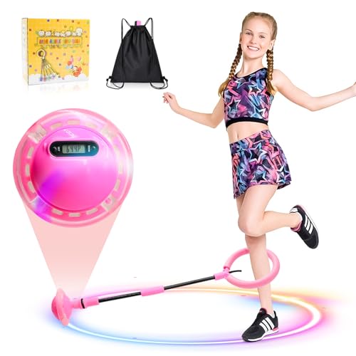 Herbst Kinder Blinkender Springring mit Zähler Timer Kalorienzähler Faltbarer Jumping Ball Fußkreisel Swing Wheel mit Lichtrad Fitness Spielzeug für Mädchen (Rosa) von Herbst
