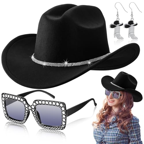 Hercicy 3 Stück glitzernde silberne Cowboyhut-Strass-Steine, Westernstiefel-Ohrringe, Bling-Sonnenbrille für Western-Cowgirl-Party-Zubehör (schwarz) von Hercicy