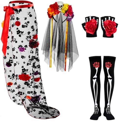 Hercicy 4-teiliges Damenkostüm Tag der Toten, inklusive Rock, Kopfschmuck, Skelett-Themen-Handschuhe, Strümpfe für Halloween-Kostüm Hercicy 4-teiliges Damenkostüm Tag der Toten, inklusive Rock, Kopfschmuck, Skelett-Themen-Handschuhe, Strümpfe für Halloween-Kostüm von Hercicy