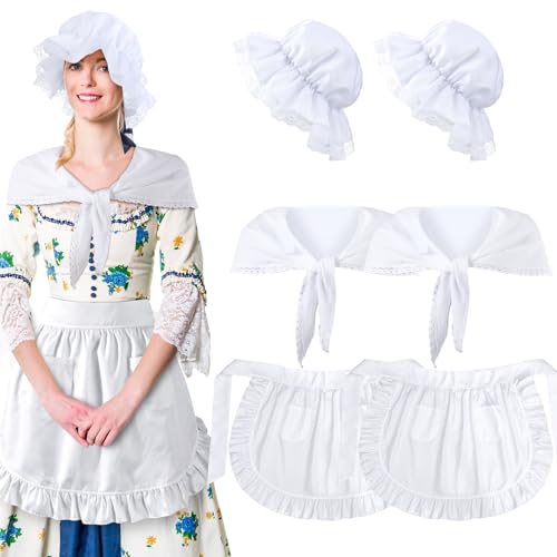 Hercicy 6-teiliges Kolonial-Kostüm-Set, weiße Mob-Mütze, Mütze, Schal, Taille, Schürze, Pilger-Kostüm, Zubehör für Damen und Mädchen (klassisch) von Hercicy