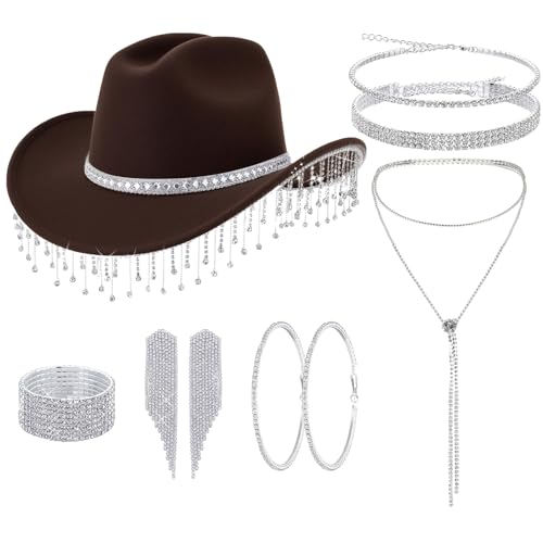 Hercicy 7-teiliges Glitzer-Cowgirl-Hut, Strass-Schmuck-Set, Cowboy-Kostüm, Outfit für Braut, Junggesellinnenabschied, Halloween-Party, Braun, Einheitsgröße Hercicy 7-teiliges Glitzer-Cowgirl-Hut, Strass-Schmuck-Set, Cowboy-Kostüm, Outfit für Braut, Junggesellinnenabschied, Halloween-Party, Braun, Einheitsgröße von Hercicy