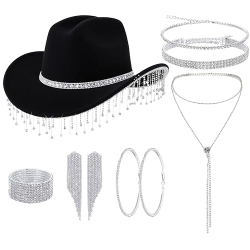 Hercicy 7-teiliges Glitzer-Cowgirl-Hut, Strass-Schmuck-Set, Cowboy-Kostüm, Outfit für Braut, Junggesellinnenabschied, Halloween-Party, Schwarz, Einheitsgröße Hercicy 7-teiliges Glitzer-Cowgirl-Hut, Strass-Schmuck-Set, Cowboy-Kostüm, Outfit für Braut, Junggesellinnenabschied, Halloween-Party, Schwarz, Einheitsgröße von Hercicy