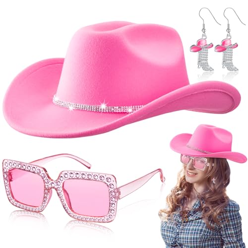 Hercicy Cowboyhut, Strasssteine, Westernstiefel, Ohrringe, glitzernd, Sonnenbrille, für Western-Cowgirl-Party-Zubehör, Rosa, 3 Stück Hercicy Cowboyhut, Strasssteine, Westernstiefel, Ohrringe, glitzernd, Sonnenbrille, für Western-Cowgirl-Party-Zubehör, Rosa, 3 Stück von Hercicy
