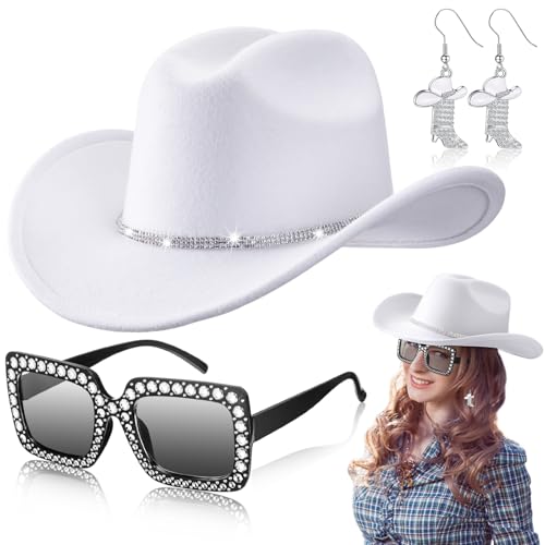 Hercicy Cowboyhut, Strasssteine, Westernstiefel, Ohrringe, glitzernd, Sonnenbrille, für Western-Cowgirl-Party-Zubehör, Weiß, 3 Stück Hercicy Cowboyhut, Strasssteine, Westernstiefel, Ohrringe, glitzernd, Sonnenbrille, für Western-Cowgirl-Party-Zubehör, Weiß, 3 Stück von Hercicy