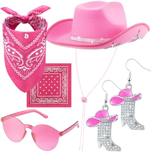 Hercicy Cowgirl-Kostüm-Set mit Hut, Sonnenbrille, Bandana und Ohrringen, Stern, Cowboy-Zubehör für Damen und Herren, Cosplay-Party (Dunkelrosa), 4-teilig von Hercicy