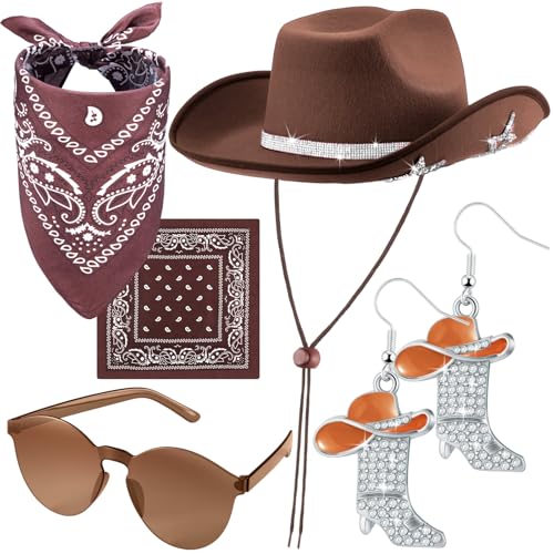 Hercicy Cowgirl-Kostüm-Set mit Hut, Sonnenbrille, Bandana und Ohrringen, Stern, Cowboy-Zubehör für Damen und Herren, Cosplay-Party (braun), 4-teilig von Hercicy