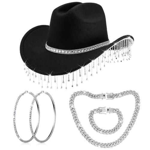 Hercicy Cowgirl-Outfit für Damen, Strass, Cowboyhut mit glitzernder kubanischer Gliederkette, Halskette, Armband, Kreis, Ohrringe (schwarz, klassisch) von Hercicy