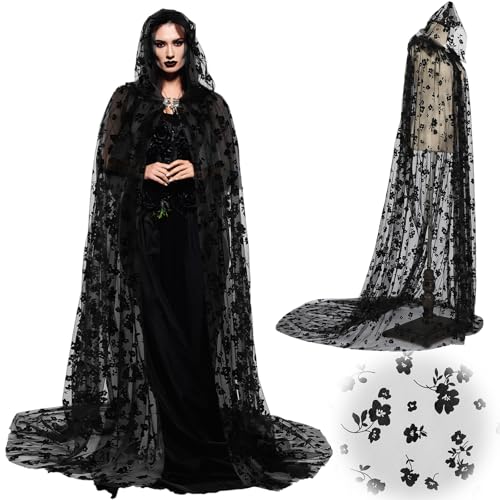 Hercicy Halloween Sheer Cap Witch Haunted Hooded Cape Ghost Long Tulle Cape Dress for Women Bride Wedding Vampire Costume, Schwarz, Einheitsgröße von Hercicy