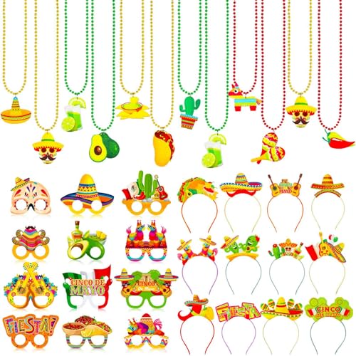 Herdear 36 Stücke Mexikanische Partygeschenke Cinco de Mayo Brillen Perlenkette Stirnbänder Taco Kaktus Pinata Gitarre Mexikanisches Kostümzubehör für Mexikanische Mottopartys Foto Requisiten von Herdear