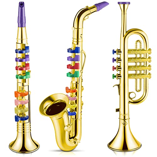 Herdear 3er Set Saxophon für Kinder Musikinstrumente Spielzeug Saxophon Spielzeug Trompete und Klarinette mit 8 Farbigen Tasten Lieder Unterricht für Kleinkinder Kinder (Gold) von Herdear