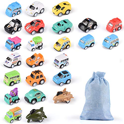Herefun Auto Spielzeug Set, 24 Stück Mini Auto Zurückziehen Spielzeugautos mit Aufbewahrungstasche, Kinderspielzeug Fahrzeuge Reibung angetrieben, Mini Cars für Kinder von Herefun