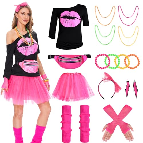 Herefun 80er 90er Jahre Kostüm Damen, Outfit 80er 90er Jahre Damen Karneval Retro Party Kostüm, 80er Jahre Mottoparty Tutu mit T-Shirt Bauchtasche Ohrring Halskette Netzhandschuhe Herefun 80er 90er Jahre Kostüm Damen, Outfit 80er 90er Jahre Damen Karneval Retro Party Kostüm, 80er Jahre Mottoparty Tutu mit T-Shirt Bauchtasche Ohrring Halskette Netzhandschuhe von Herefun