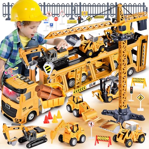 Herefun Baufahrzeug LKW Spielzeug Set, Baustellenfahrzeuge Kinder Set, Groß Kräne, Baufahrzeuge Kinder, Autotransporter Spielzeug Junge, Spielzeugautos ab 3 Jahre, Geschenke für Junge ab 3 Jahren von Herefun