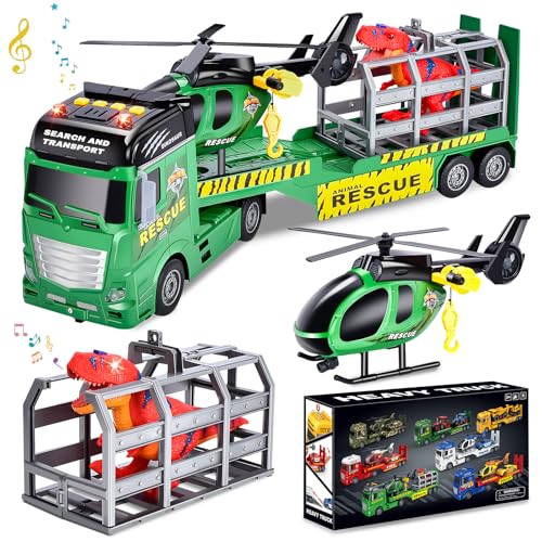 HerefunDinosaurier Lastwagen Spielzeug, Abschleppwagen Spielzeug mit Hubschrauber Dinosaurier, Reibungsbetrieb Autotransporter, Autotransporter Kinder, Geschenk für Jungen 3, 4, 5, 6+ Jahren von Herefun