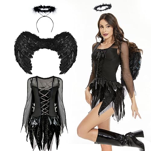 Herefun Schwarz Teufel Kostüm, Teufel Flügel mit Kleid und Heiligenschein für Damen, Maleficent Kostüm, Vampire Kostüm für Halloween, Karneval, Cosplay und Party (L) von Herefun