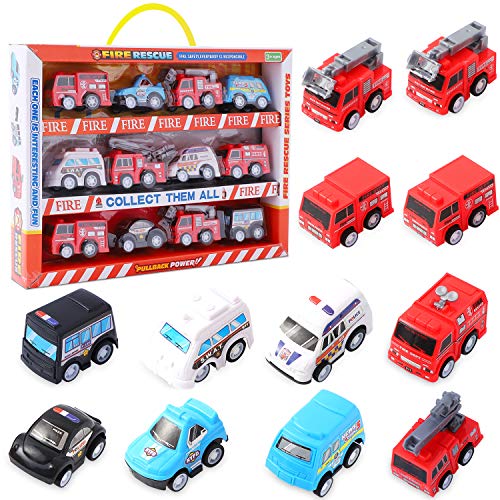 Herefun Fahrzeuge Spielzeug, 12 Stück Mini Auto Zurückziehen Spielzeug Auto, Mini Bagger Lastwagen Baufahrzeuge Cars, Sand Kinder Spielzeug Geschenk für Kindertag, Geburtstag (Sicherheitsauto) von Herefun