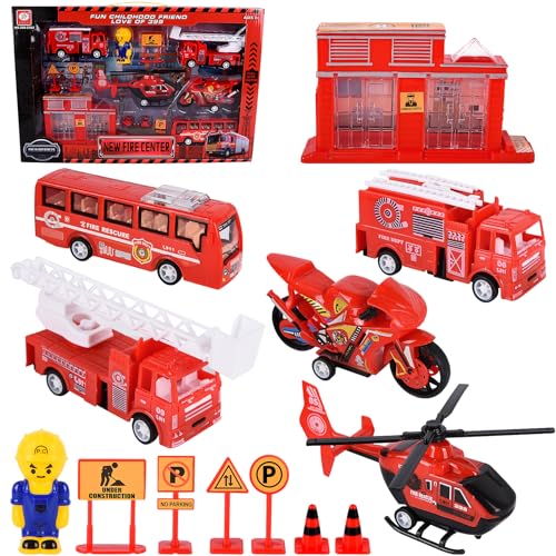 Herefun Feuerwehrauto Spielzeug Set, Baustellenfahrzeuge Spielzeugautos, Feuerwehrauto Fahrzeuge Pull-Back, Hubschrauber Rettungsfahrzeug Kinder Geschenk für Kindertag, Weihnachten(zufälliger Stil) von Herefun