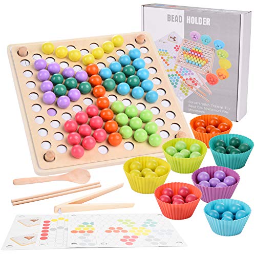 Herefun Holz Montessori Spielzeug, Clip Beads Brettspiel für 3 4 5 6 Jahre alt Kinder, Puzzle Lernspielzeug Kinder Spielzeug, Clip Perlen Puzzle Brettspiele, Sortierspiel, Mathe Lernspielzeug von Herefun