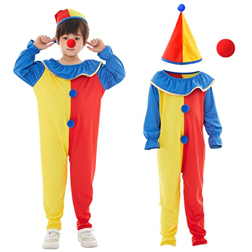 Herefun Clown Kostüm Kinder, Karneval Cosplay Costume, Kinder Faschingskostüme für Jungen Mädchen für Halloween Karnevalskostüm Cosplay, Mit Clown Jumpsuit, Hut und Nase von Herefun