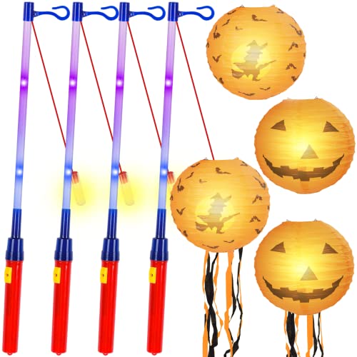 Herefun Laternenstab 4er Set, Elektronischer Laternen Stab mit LED Kinder 50cm Lang mit 4 Pack Papierlaterne für St Martin Kinderpartys, Kostümpartys, Halloween, Weihnachten von Herefun