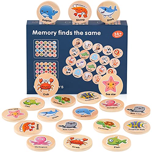 Herefun Memory Spiel, Kinderspiel Merkspiel, Holzspielzeug, Gemischtes Doppel Memory, Spieleklassiker für Jung und Alt (Meereslebewesen) von Herefun