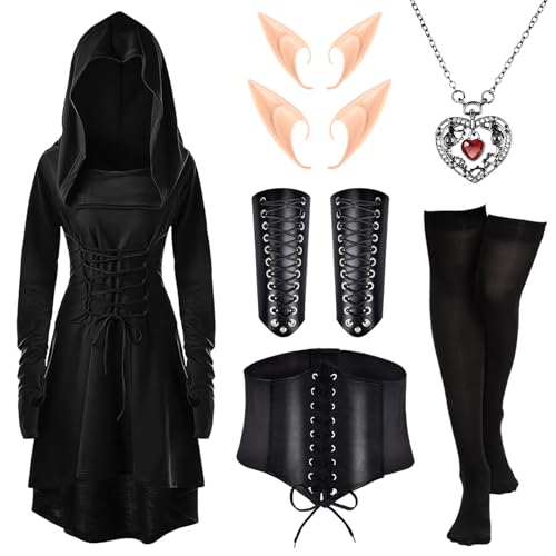 Herefun Mittelalter Kostüm Damen, Mittelalter Kapuzenkleid, Gothic Kleid Damen mit Korsett Overknee Socken Armschützer Elfenohren, Retro Renaissance Kleid Faschingskostüme Cosplay (black, M) von Herefun