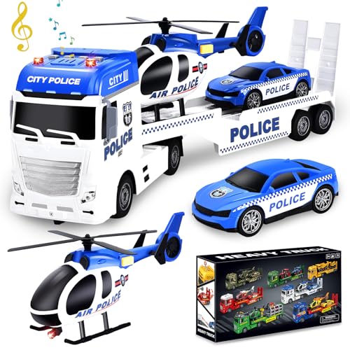 Herefun Polizei Lastwagen Spielzeug (60 cm), Groß LKW Spielzeug, Polizei Tieflader mit Polizeiauto und Hubschrauber, Geschenk für Kinder Jungen 3, 4, 5, 6+ Jahren (Polizei) von Herefun