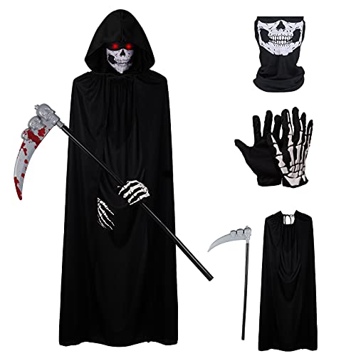 Herefun Sensenmann Kostüm, Halloween Kostüm Sensenmann mit Sense Schädelmaske Kostüme Set für Kinder Halloween Dekoration Cosplay Sensenmann Schwarz Umhang mit Kapuze Herefun Sensenmann Kostüm, Halloween Kostüm Sensenmann mit Sense Schädelmaske Kostüme Set für Kinder Halloween Dekoration Cosplay Sensenmann Schwarz Umhang mit Kapuze von Herefun