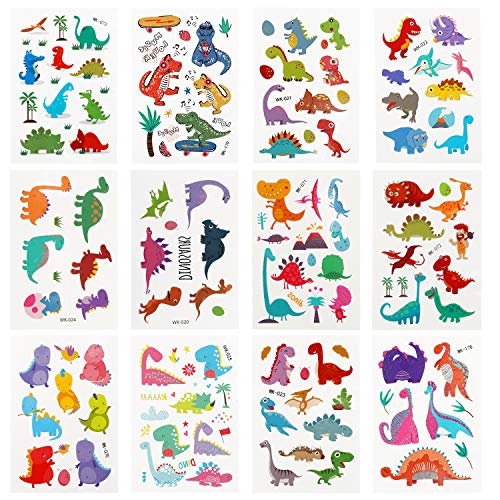 Herefun Tattoo Kinder, 12Pcs Glitzer Temporäre Tattoos Set, Dino Tattoos Kinder, Dinosaurier Kindertattoos, Kindertattoos Aufkleber für Jungen Festival Kindergeburtstag Mitgebsel (Dinosaurier) von Herefun