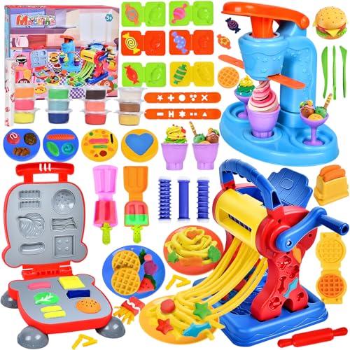Herenear 46 Stück Knete Set Knetwerkzeug für Kinder, Knete Zubehör Kitchen Creations Eismaschine Burgermaschine PastaMaschine Dosen Knete, Knetmasse Plastilin Spielzeug Geschenk Mädchen Junge 3+ von Herenear
