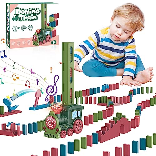 Herenear Domino Zug Spielzeug Set, Automatischer Dominozug Spielzeug mit 120 Stück Dominosteine, Elektrischer Zug mit Licht, Kinder Domino Spiel, Pädagogisches Spielzeug für Mädchen Jungen ab 3 Jahren von Herenear