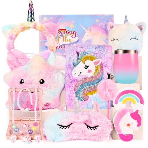 Herenear Einhorn Kuscheltier Tagebuch mit Schloss, Einhorn Geschenke für Mädchen, 12er Set Einhorn Plüsch Spielzeug Mädchen, Kuscheltier Leuchtende Geburtstag Geschenk von Herenear