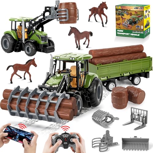 Herenear Ferngesteuerter Traktor für Kinder, Großes RC Traktors Spielzeug- Mit Bluetooth, 2.4 GHz Fernbedienung, Traktor Ferngesteuert mit Anhänger, Bauernhof Fahrzeug Spielzeug Kinder ab 3 4 5 6 7 von Herenear